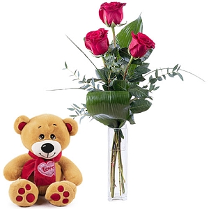 Teddy & 3 Red Roses Delivery to Greece