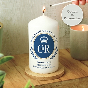 Personalised King Charles III Blue Crest Coronation Commemorative Pillar Candle