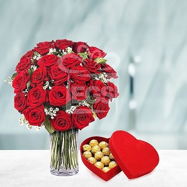 24 Imported Roses and Ferrero Heart