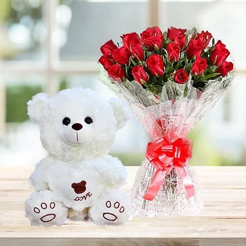 Bunch Of Red Roses and Teddy Bear