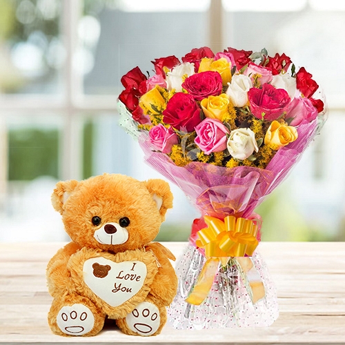 Mix Rose Bouquet with Teddy