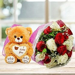 Velvety Roses with Bear Gift