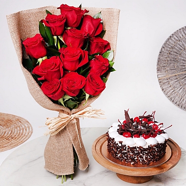 12 Red Roses and Chocolate Cake Combo