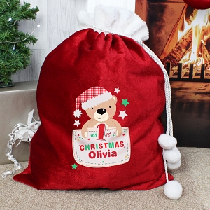 Personalised Pocket Teddy My 1st Christmas Pom Pom Sack