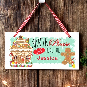 Personalised Gingerbread House Santa Stop Here Wooden Sign