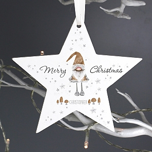 Personalised Scandinavian Christmas Gnome Wooden Star Decoration