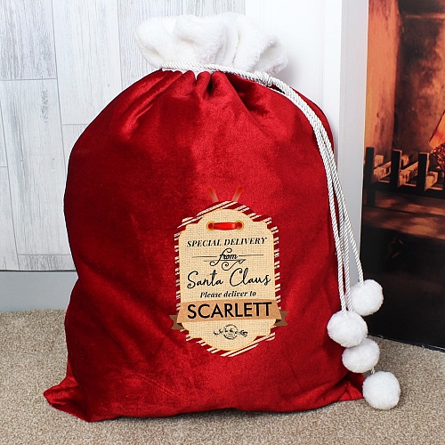 Personalised Special Delivery Luxury Pom Pom Red Sack