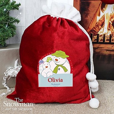 Personalised The Snowman and the Snowdog Luxury Pom Pom Sack