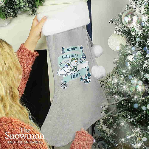 Personalised The Snowman and the Snowdog Luxury Silver Grey Stocking