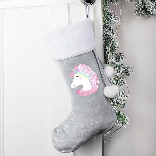 Personalised Christmas Unicorn Luxury Silver Grey Stocking