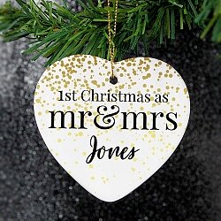 Personalised Mr and Mrs 1st Christmas Ceramic Heart Decoration