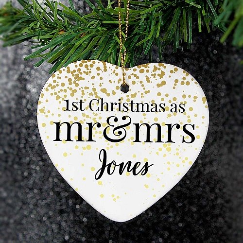 Personalised Mr and Mrs 1st Christmas Ceramic Heart Decoration