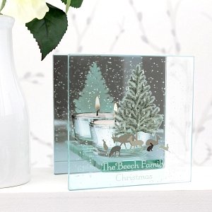 Personalised A Winters Night Mirrored Glass Tea Light Holder