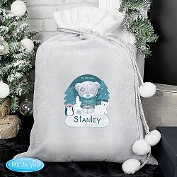 Personalised Winter Explorer Tiny Tatty Teddy Luxury Silver Grey Pom Pom Sack