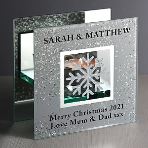 Personalised Snowflake Silver Glitter Tea Light Holder